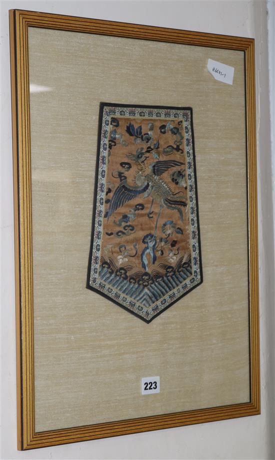 A Chinese embroidered silk phoenix panel, Qing